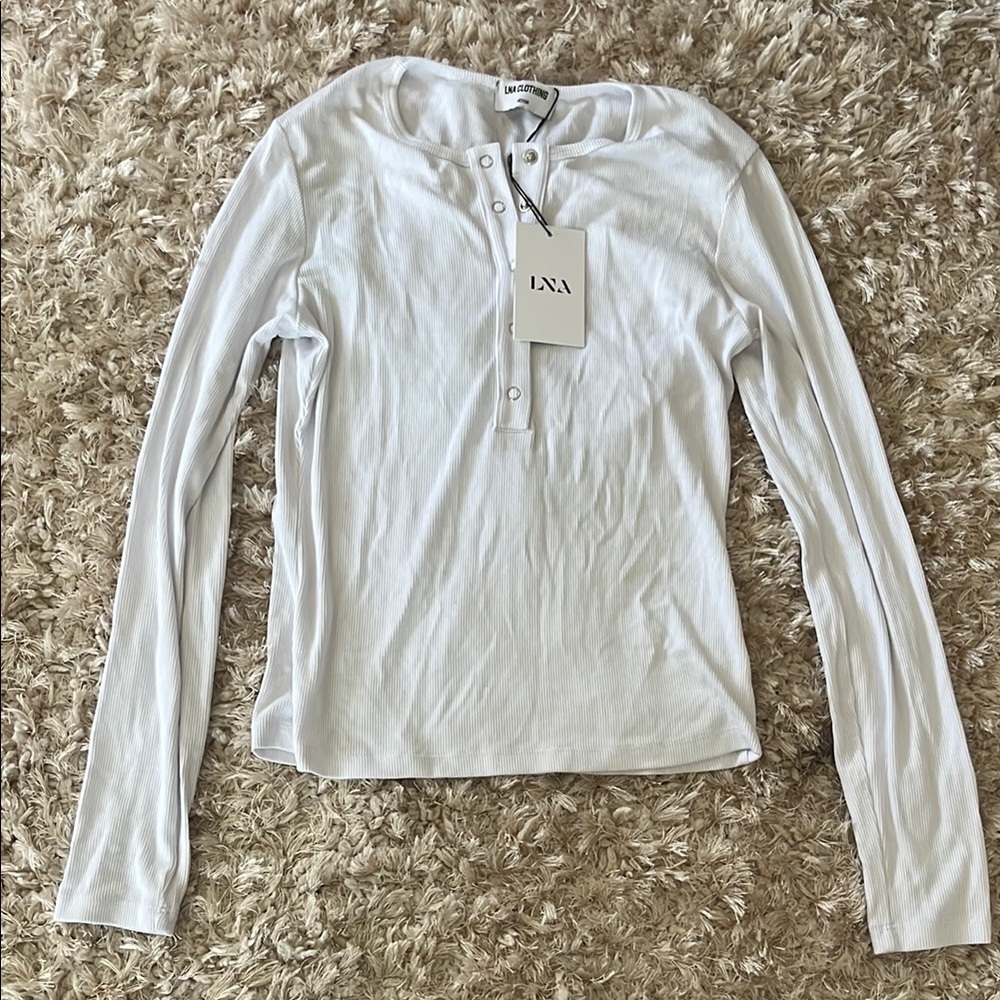 LNA Dalston Ribbed Henley Top in White